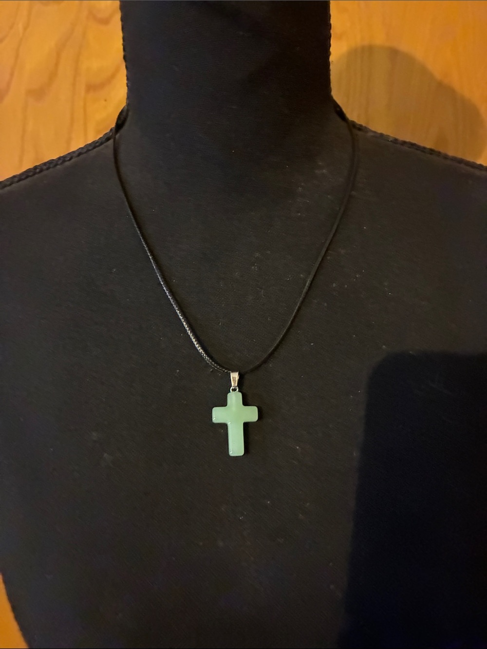 Green Cross Pendant Necklace on Black Cord - Picture 3 of 3